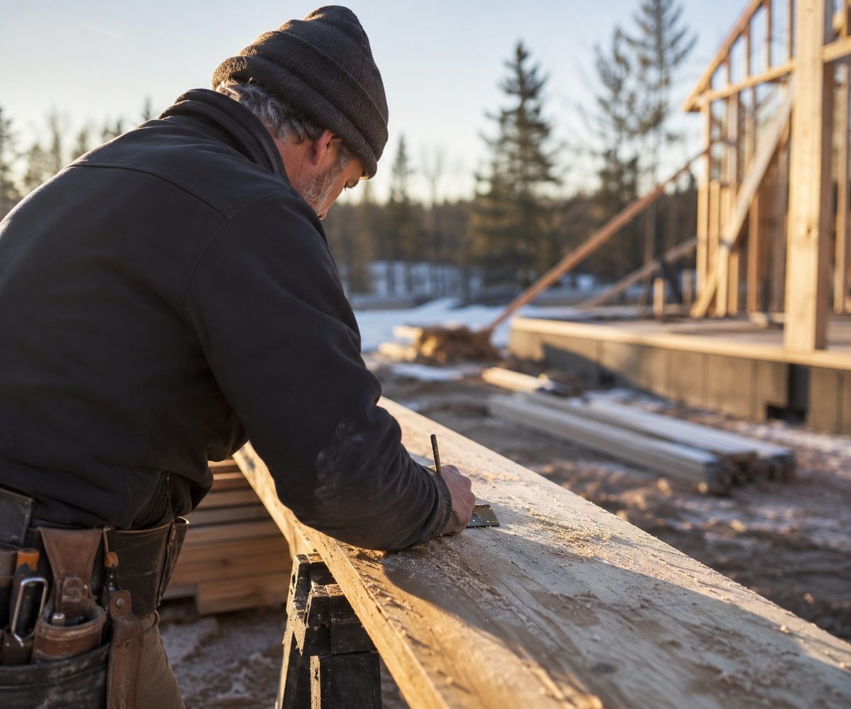 Craftsman measuring lumber on a Klasic Exteriors build site