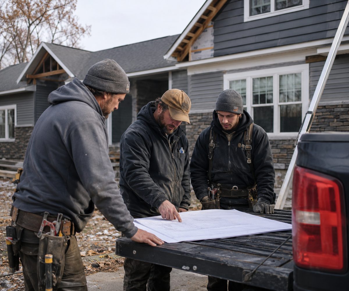 Klasic crew reviewing plans on site