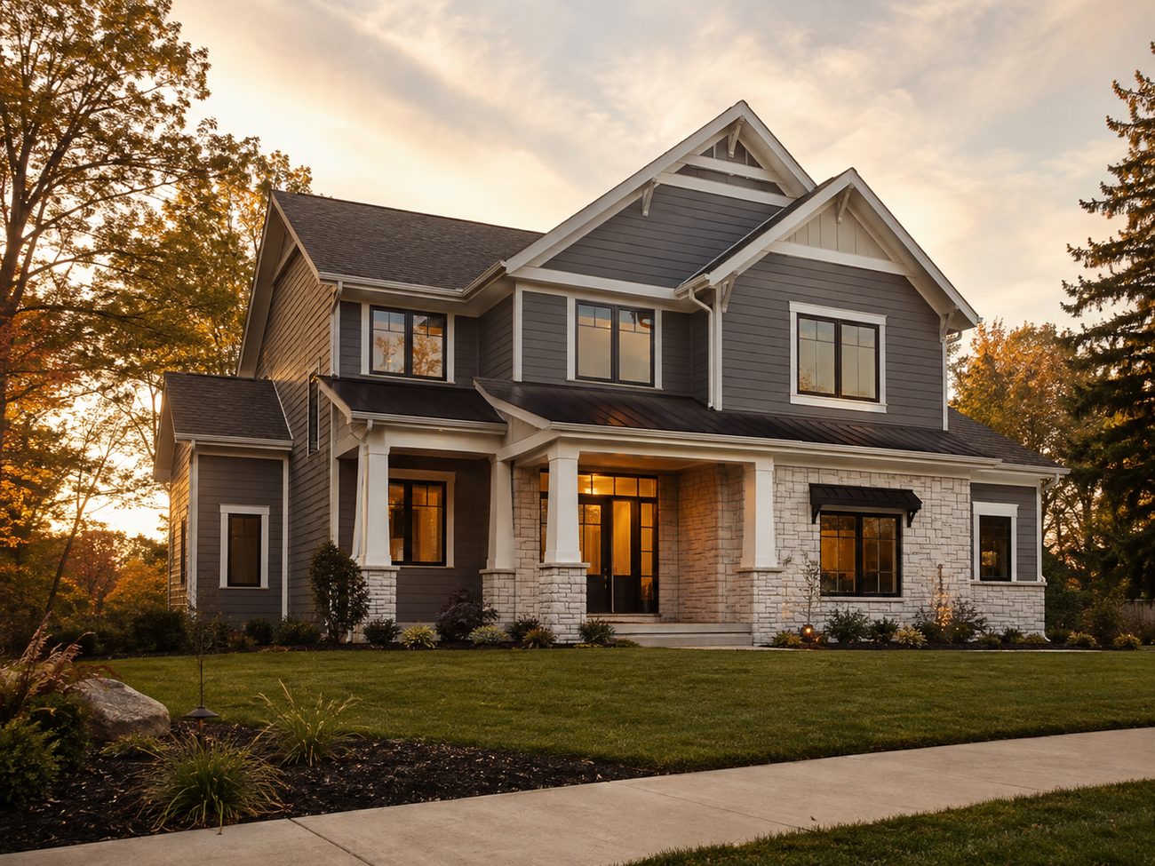 Gray and white residential exterior in the Twin Cities at sunset